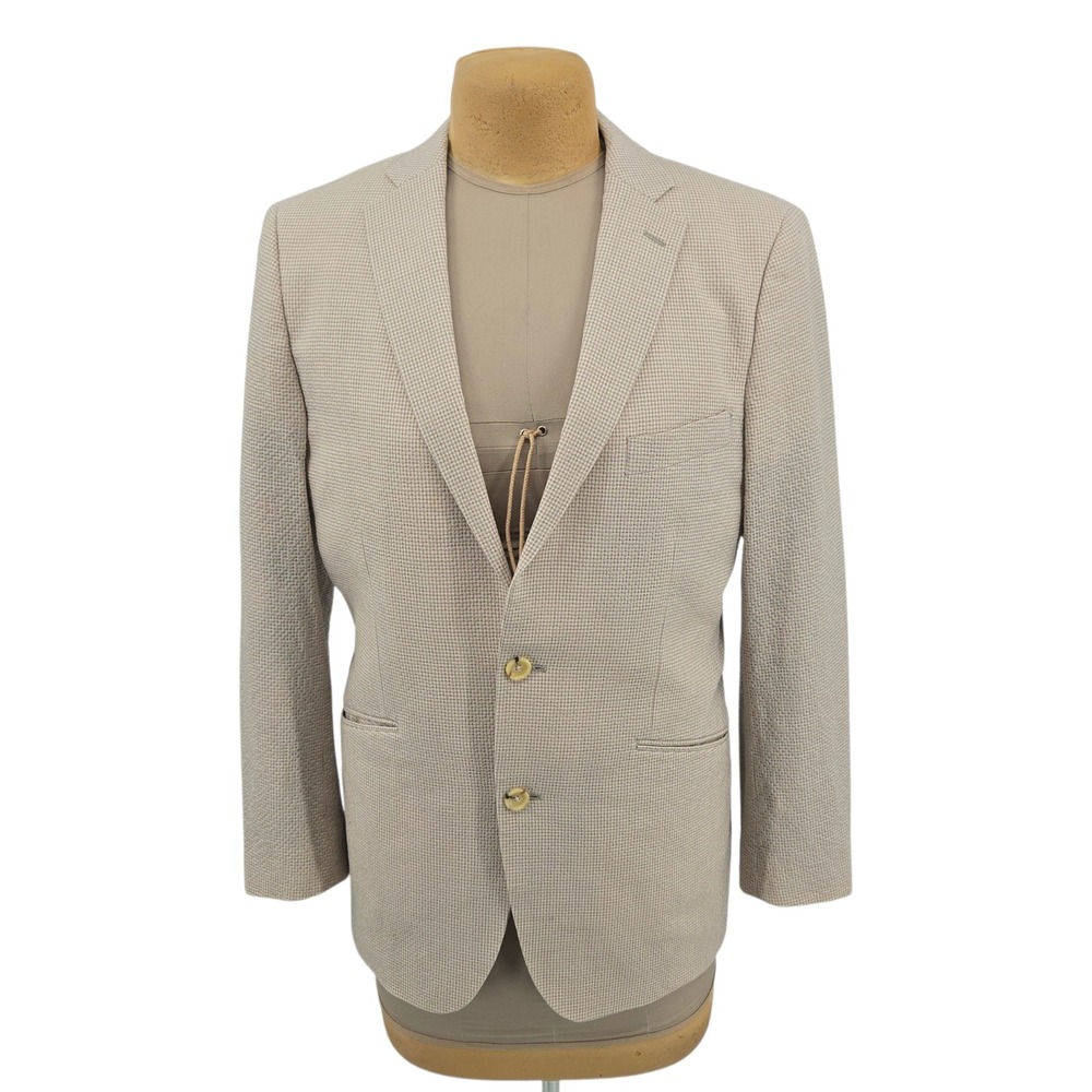 Indochino Blazer‎ Mens Custom Tan Gingham Wool Blend Tropical Flamingo Lining